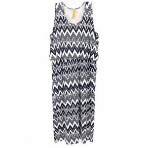Magic Women's Maxi Dress 3X Chevron Stripe Navy Blue & White Sleeveless Blouson